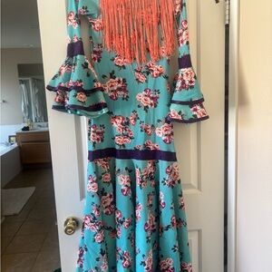 Floral Teal Bell-Sleeve flamenco dress